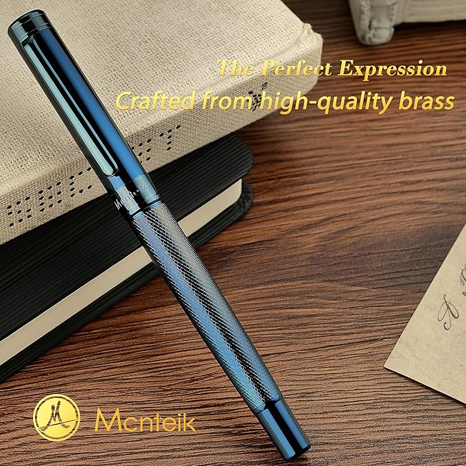 Electroplated Blue Rollerball Pen, Stunning Luxury Pen with Mesh Texture Design、Schmidt Ink Refill, Nice Gift Set for Men & Women, Business, Executive, Office, Fancy, Nice Fancy Designer Pens