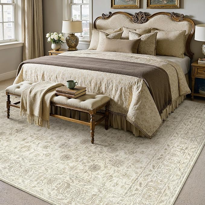 PureCozy 5x7 Area Rug Washable Beige Vintage Living Room Bedroom Distressed Non Slip Carpet Indoor Low Plie Thin Dining Room Office Retro Accent Throw Rug