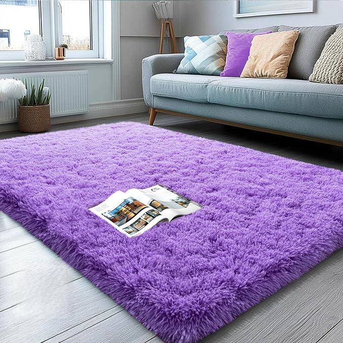 3x5 Area Rug for Bedroom, Purple Rugs for Living Room Nursery Kids Room Dorm Home Decor Aesthetic, Fluffy Shaggy Rug with 4 Anti-Slip Carpet Tapes