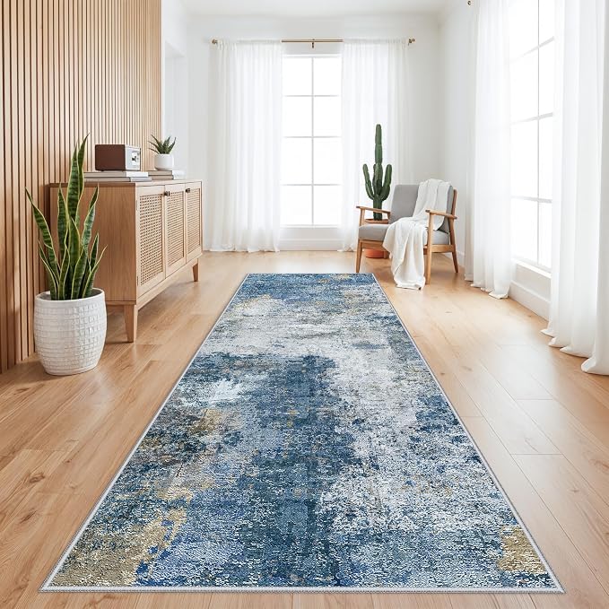 RUUGME 3x10 Runner Rug for Hallway: Non-Slip Washable Kitchen Runner Coastal Wide Throw Carpet for Bedroom Entryway Bathroom - Soft Low Pile Thin Long Floor Mat for Modern Home Decor (3X10 Blue-W)