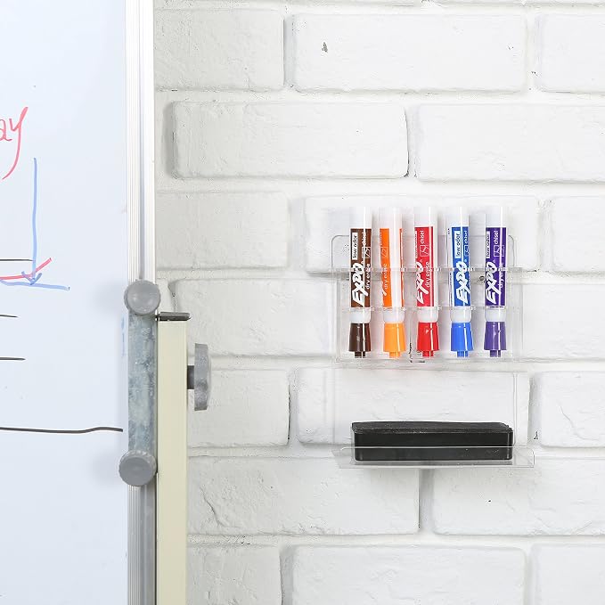 MyGift Wall Mounted Clear Acrylic Dry Erase Marker Holder Organizer for 5 Markers and Eraser, Hanging Whiteboard Accessories Rack for Office Home Dorm Classroom Meeting Room, Set of 2