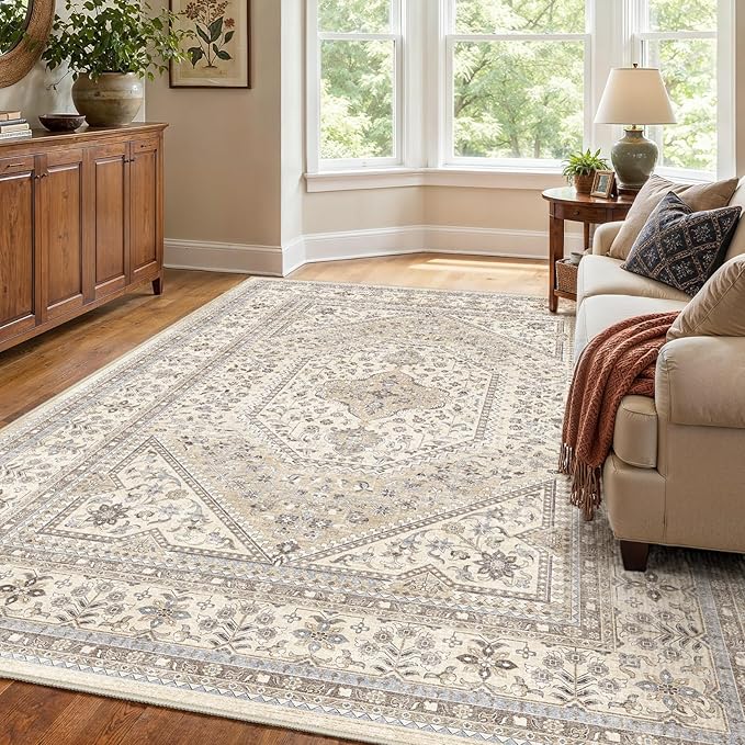 7x10 Washable Vintage Area Rug: Oriental Rugs for Living Room Non Slip Stain Resistant Large Indoor Carpet with Rubber Backing for Bedroom Soft Low Pile Floor Mat for Dining Room Home Office Decor