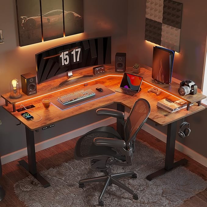 FEZIBO 63"x49" L Shaped Standing Desk with LED Strip & Power Outlets, Height Adjustable Sit Stand Corner Gomputer Desk with Ergonomic Monitor Stand, Rustic Brown Top/Black Frame