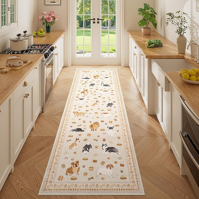 DUKINO 2.6x8 Washable Runner Rug for Hallway, Non Slip Animal Dog Kitchen Rug with Low Pile Design, Soft Stain Resistant Indoor Carpert Runner for Entryway, Bedroom, Laundry, Bathroom, Beige Yellow