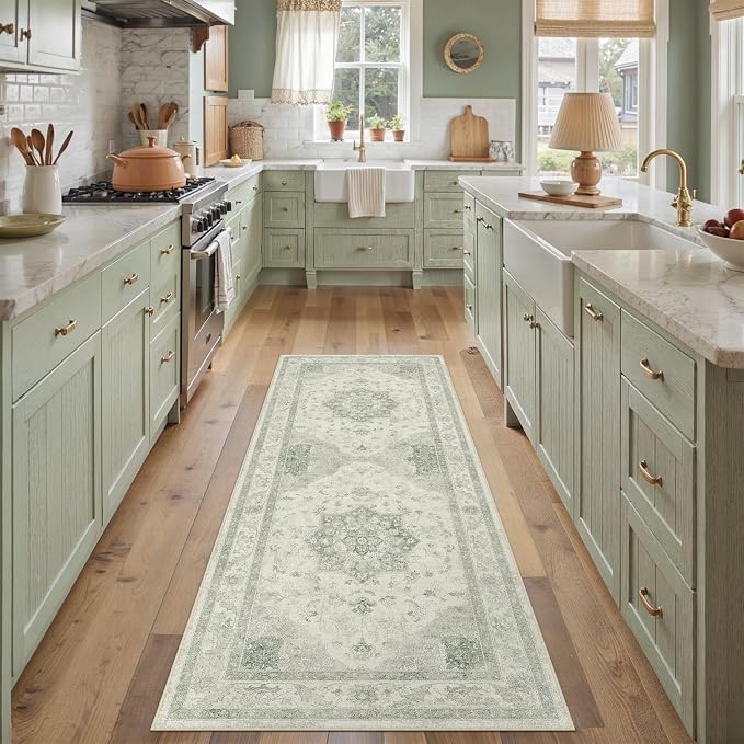 PureCozy Green Runner Rug 2x6 Washable Vintage Carpet Hallway Kitchen Soft Retro Low Pile Thin Indoor Bedroom Non Slip Oriental Medallion Long Throw Rug for Bathroom Laundry Dining Room