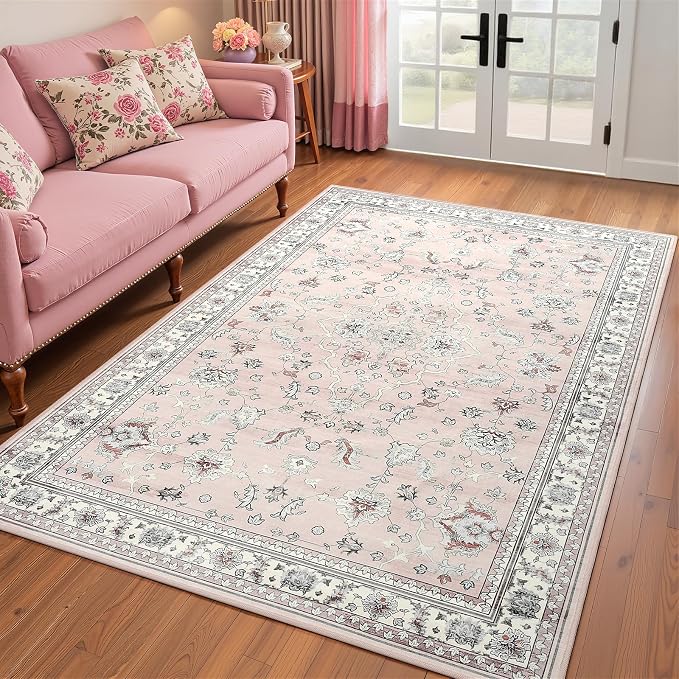 4x6 Light Pink Washable Boho Area Rug for Living Room, Vintage Floral Non Slip Bedroom Rugs, Wool Low Pile Indoor Mat, Aesthetic Pattern Carpet for Kitchen, Office and Bedside