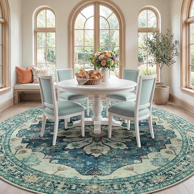 RELEANY Area Rugs Round 8ft Washable Non-Slip, Floral Vintage Distress Medallion Carpet for Living Room Bedroom Dining Room, Dark Blue Vintage