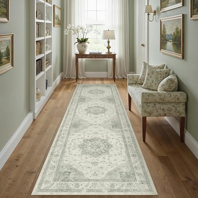 PureCozy Green Runner Rug 2x8 Washable Vintage Carpet Hallway Kitchen Soft Retro Low Pile Thin Indoor Bedroom Non Slip Oriental Medallion Long Throw Rug for Bathroom Laundry Dining Room