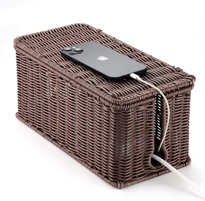 ZhiYo Rattan Cable Management Box, Dark Brown, 13.5" x 6.2" x 6" | Handwoven cord organizer conceals power strips and cables for a cleaner home or office setup, cord hider design
