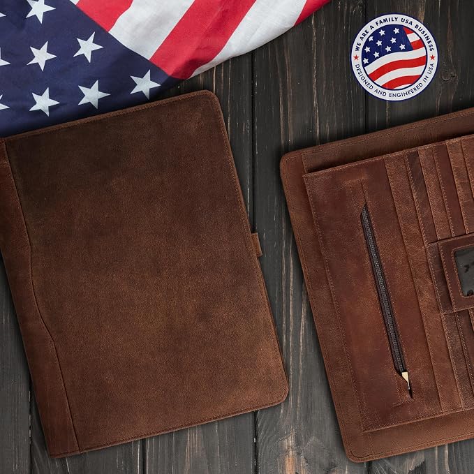 ELIZO Leather Portfolio Padfolio Leather Binder Folder for Men and Women Professional Business Portfolio Organizer Men and Women Saddle Letter Strap