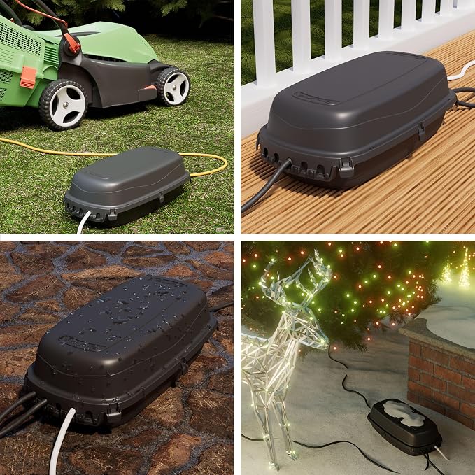 D-Line Outdoor Weatherproof Electrical Cable Box, IP54 Rated for Safe Outdoor Use, Power Strip Enclosure, Plug Protector, Garden Extension Cord Cover - 11.4in (L) x 4.92in (W) x 4.33in (H) - Black