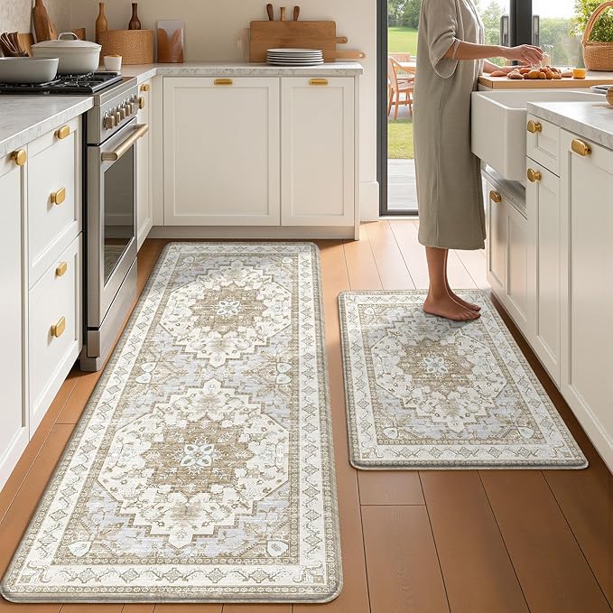 Boho Kitchen Mats for Floor 2 Piece Set Anti Fatigue Cushioned PVC Kitchen Rugs Non Slip Waterproof Farmhouse Mats 2/5 Inch Comfort Standing Mat for Sink, Laundry, 23.6"x39"+23.6"x59", Beige Tan