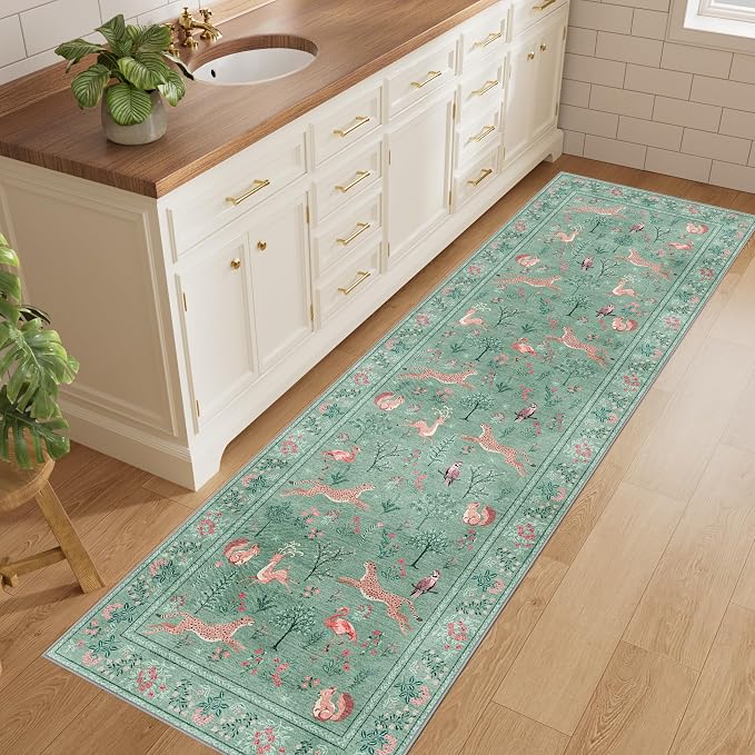 DUKINO 2x6 Rug for Hallway, Washable Kitchen Runner Rug with Non Slip Backing, Soft Low Pile Vintage Animal Runner for Bedroom, Kitchen, Hallway, Entryway, Laundry, Teal