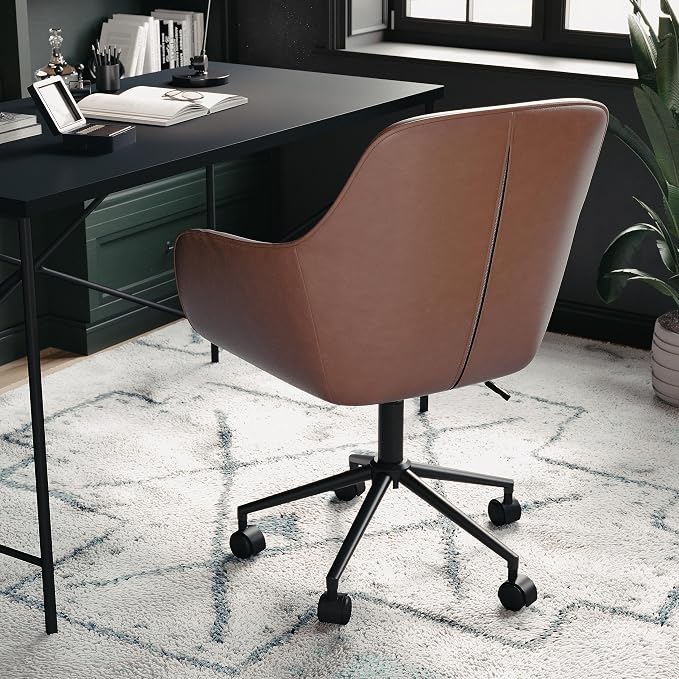 Martha Stewart Rayna Swivel Task Chair with Flared Arms for Home Office in Saddle Brown Faux Leather with Oil Rubbed Bronze Frame