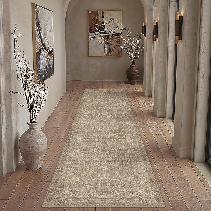 HUGEAR 3x10 Runner Rug Hallway Light Brown Machine Washable Vintage Floral Low Pile Carpet Vacuumable Distressed Long Throw Rug Bedroom Office Bathroom Kitchen Laundry Non Slip Soft Lightweight