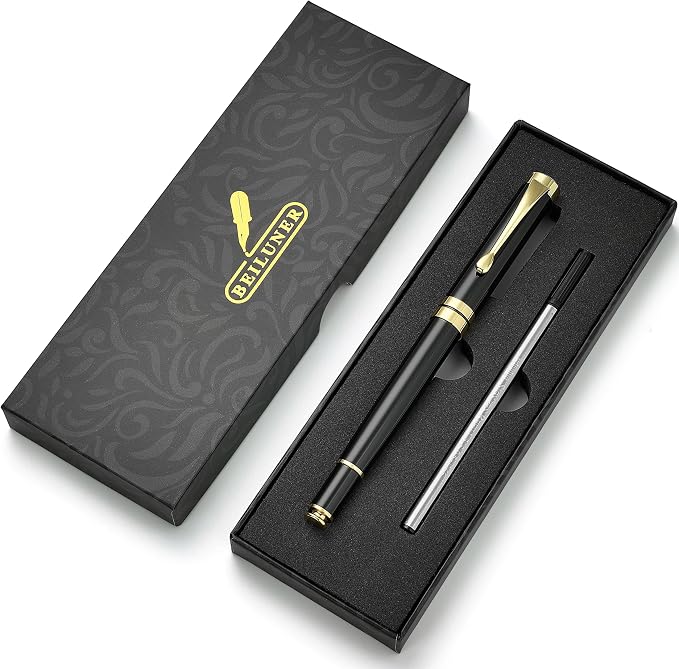 BEILUNER Ballpoint Pens, Stunning Black Chrome Metal Pen with Golden Trim, Best Ball Pen Gift Set for Men & Women, Professional, Executive, Office, Nice Pens-Gift Box with 0.5mm Black Extra Refill