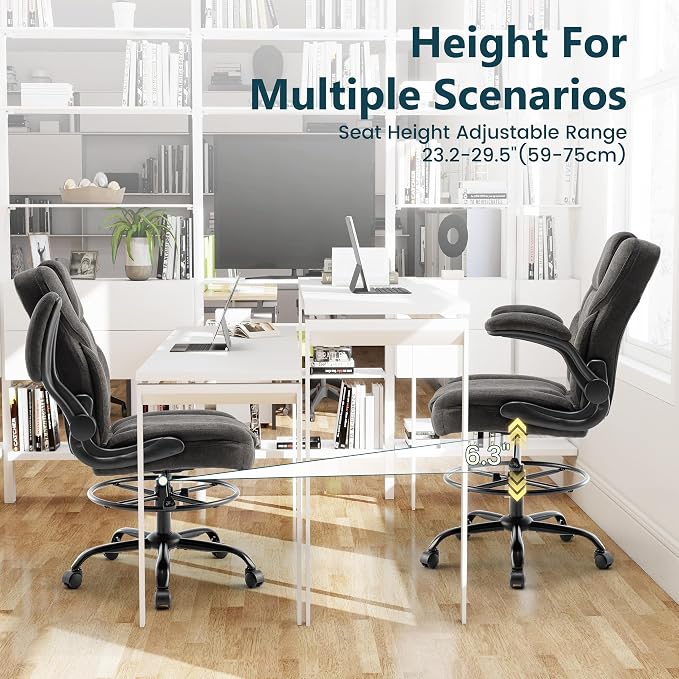 Drafting Chair 500Lbs, Tall Office Chair for Standing Desk, Fabric Executive Office Chair with Flip-up Armrests, Ergonomic High Chair with Adjustable Foot Ring, Comfy Stool Chairs, Black