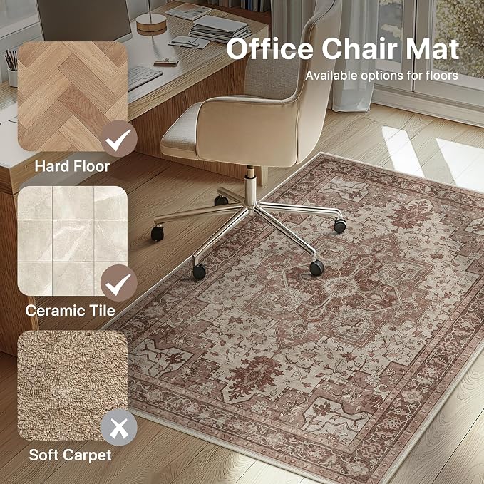 48"x60" Office Chair Mat for Hardwood Tile Floor, Under Desk Carpet Protector for Rolling Computer Chair Mat, Machine Washable Area Rug, Anti-Slip 1/5" Thick Low Pile Thin Vinyl Floor Mat, Brown Red