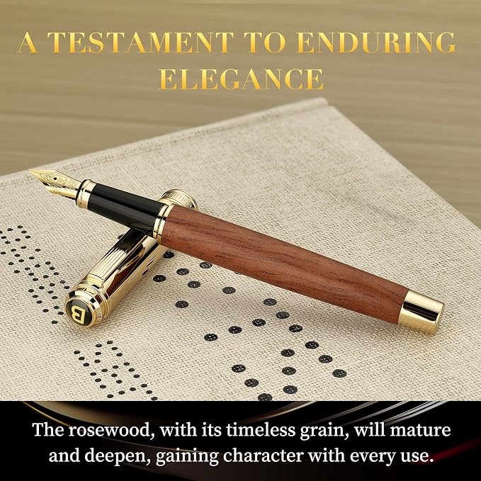 BEILUNER 316 Fountain Pen,Stunning Luxury Rosewood,24K Gilded Nib(Medium),Gorgeous 24K Gold Finish, Ink Converter,Best Gift for Men&Women-Fancy,Executive,Nice Pens for Writing, RD-M