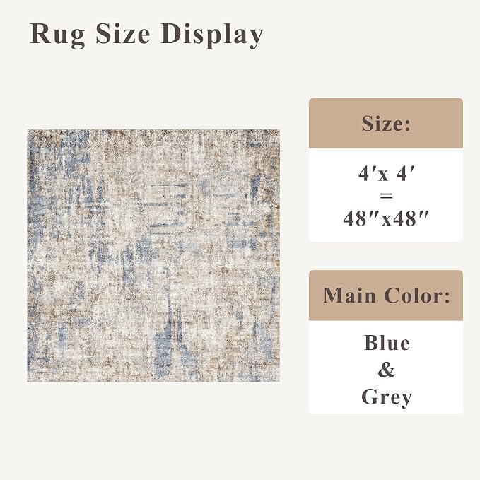 4x4 Square Entryway Rug Washable – Non-Slip Small Area Rug for Kitchen or Bathroom, Soft Low-Pile Indoor Mat, Modern Abstract Thin Door Carpet (Blue Brown)