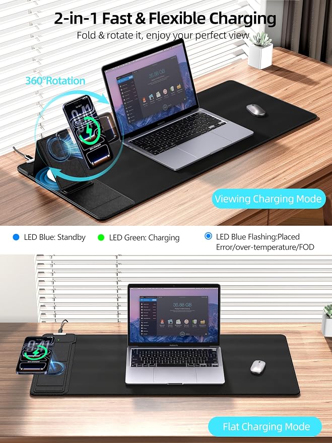 Mouse Pad with Magnetic Wireless Charging & Adjustable Phone Stand | 27.5"x11.8" Computer Mouse Mat with Anti-Slip Base & Stitched Edge, Easy Gliding, Spill-Resistant Surface, Black