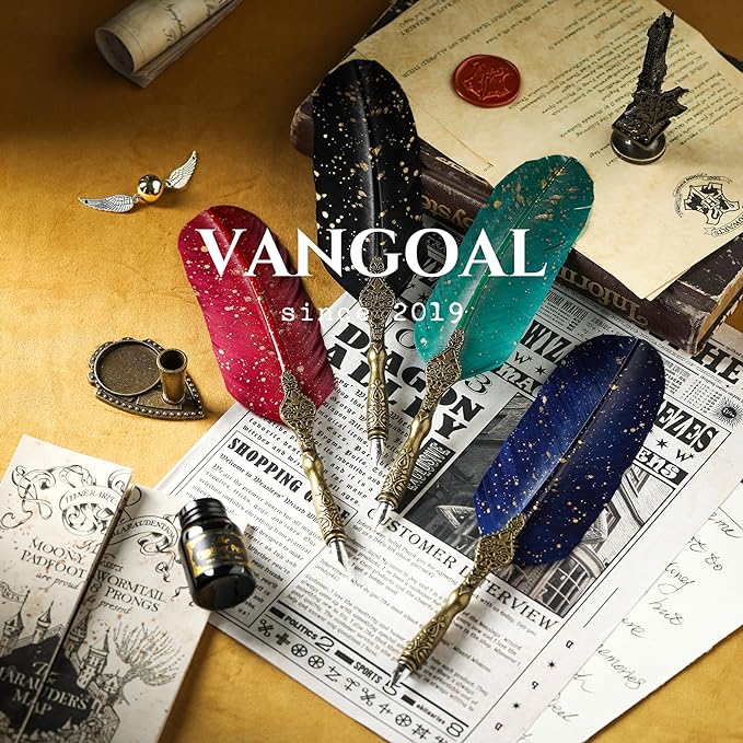 VANGOAL Vintage Carving Feather Pen Set, Glittering Quill Pen Set Antique Calligraphy Writing Dip Pen with Ink, 2 Replacement Nibs, Pen Stand Base, Luxury Vintage Signature Pen (Red)