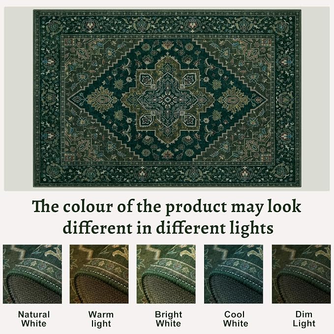 Tangsoo Dark Green 5x7 Area Rug Washable Rugs for Living Room, Vintage Rug Indoor Non Slip Large Area Rugs, Print Carpet, Soft Low Pile Foldable Floor Rug for Bedroom Dining Room Dorm