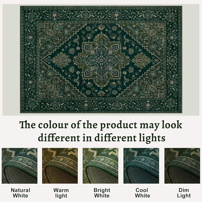 Tangsoo 3x5 Washable Rug Indoor Area Rugs, Vintage Non Slip Accent Rug Carpet, Oriental Soft Low Pile Rugs for Living Room Dorm Bedroom Bedside Entryway Bathroom Home Decor Dark Green