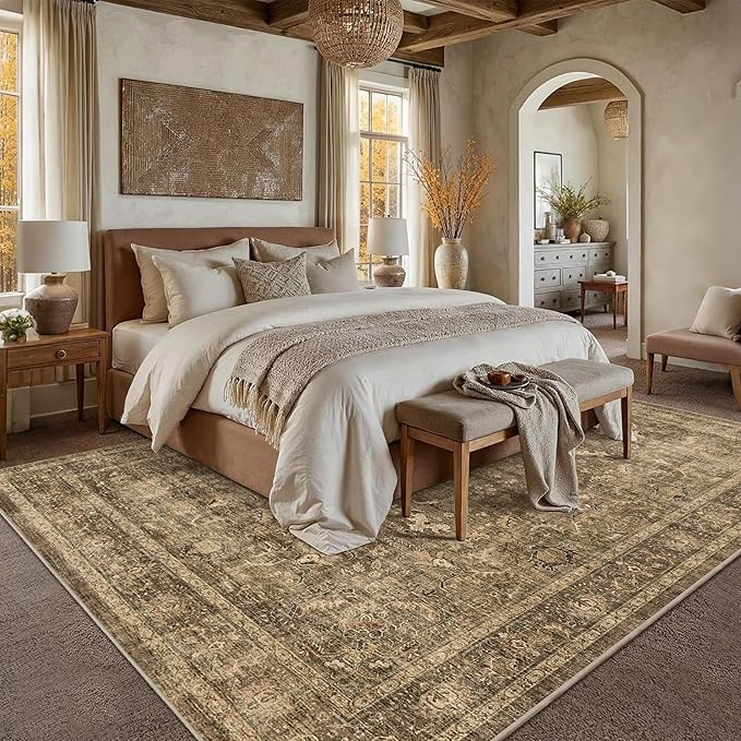 8x10 Brown Washable Area Rugs for Living Room Non Slip Low Pile Vintage Boho Throw Rug Soft Retro Distressed Floral Large Carpet Indoor Farmhouse Decor for Bedroom Dining Room Office Kitchen Playroom
