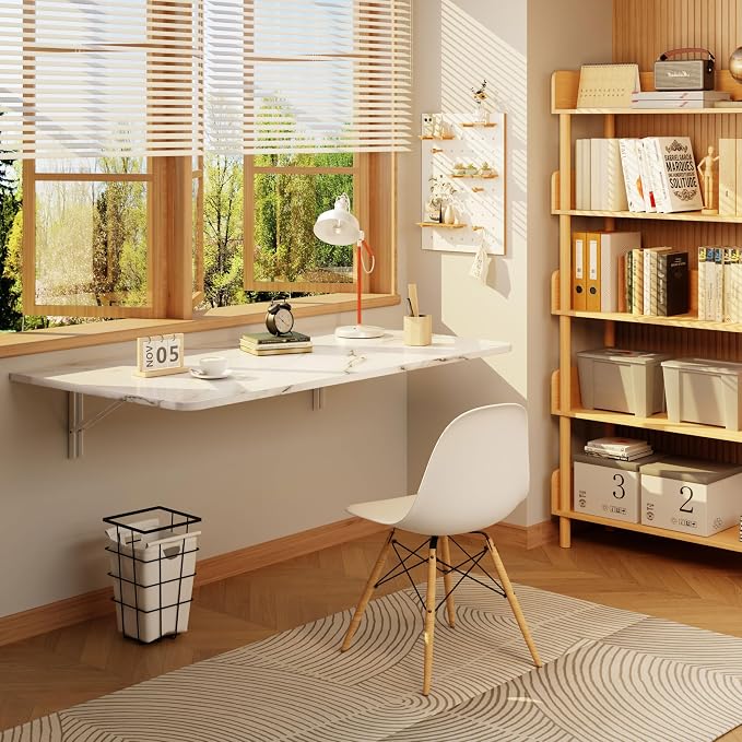 IAE Wall Mounted Floating Foldable Desk, 36" x 22" Folding Computer Workstation Table with Engineered Wood and Metal Shelf Brackets,Fold&Floating Design for Home Office, Apartment,Laundry Room, White