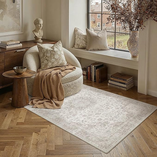 PureCozy 3x5 Area Rug Washable Neutral Beige Vintage Entryway Office Carpet Non Slip Low Pile Soft Door Mat Floral Indoor Small Throw Rug for Entrance Bathroom Bedroom Office Laundry