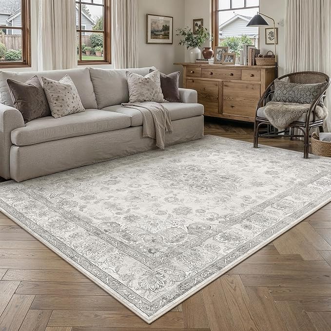 PureCozy Gray Area Rug 6x9 Washable Vintage Living Room Bedroom Carpet Non Slip Soft Low Pile Distressed Medallion Indoor Floor Grey Retro Throw Large Rug for Dining Room Office