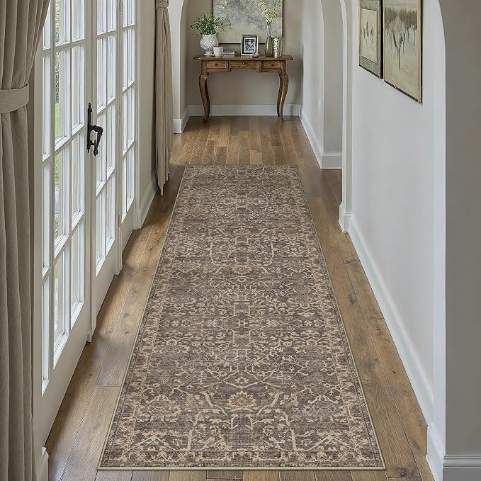 HUGEAR 2x8 Runner Rug Hallway Retro Brown Machine Washable Vintage Floral Low Pile Carpet Vacuumable Distressed Long Throw Rug Bedroom Office Bathroom Kitchen Laundry Non Slip Soft Lightweight
