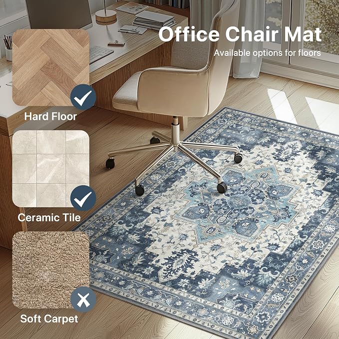 36"x60" Office Chair Mat for Hardwood Tile Floor, Under Desk Carpet Protector for Rolling Computer Chair Mat, Machine Washable Area Rug, Anti-Slip 1/5" Thick Low Pile Thin Vinyl Floor Mat, Navy
