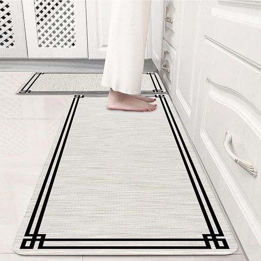 Cream Retro Elegance Frame Textured Kitchen Rug Sets [2 PCs], Anti-Fatigue, Waterproof Non-Slip Kitchen Mats Heavy Duty Comfort Foam Rug for Kitchen, Floor, Laundry,17"x29"+17"x47"