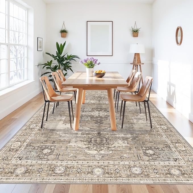 RUUGME Living Room 8x12 Area Rug - Soft Washable Rugs with Non Slip Backing Indoor Low Pile Stain Resistant Carpet for Bedroom Dining Room Playroom Vintage Ultra-Thin Home Decor Floor Mat 8X12 Beige