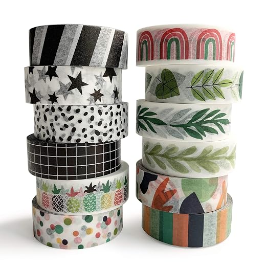 Washi Tape Set of 12 Rolls of 15 mm Wide Cute Decorative Washi Tape for Journaling, Scrapbook, Washy Crafts, Bullet Journals, Planners, DIY Décor, Craft Supplies For Adults & Kids (Tranquility)