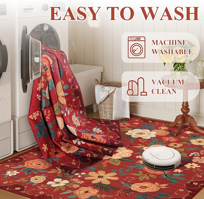 DUKINO 2x4 Rug for Entryway, Washable Kitchen Floral Runner Rug with Non Slip Backing, Low Pile Soft Boho Carpet for Kitchen, Hallway, Entryway, Laundry, Bedroom, Red