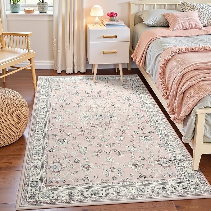 Light Pink Washable Boho Area Rug for Girls Bedroom, 3x5 Vintage Floral Non Slip Living Room Rugs, Wool Low Pile Indoor Mat, Aesthetic Pattern Carpet for Kids Room, Kitchen and Bedside