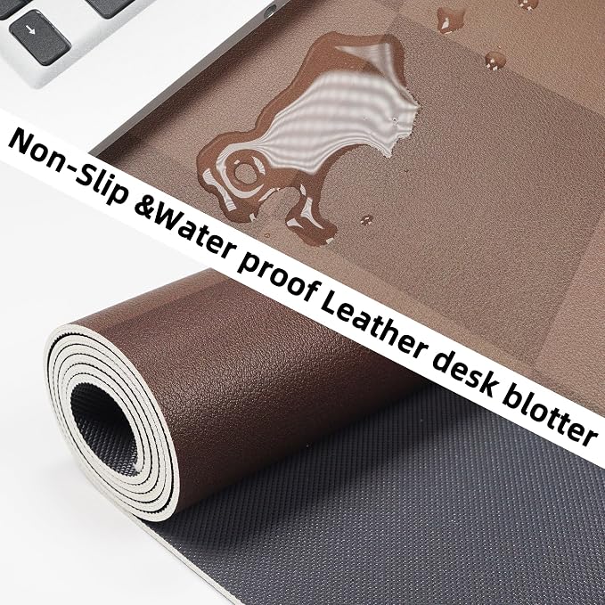 AFIING Brown Checkered Desk Pad 31.5" x 12" | Waterproof PU Leather, Non-Slip Rubber Base, Checkered Design, Office & Home