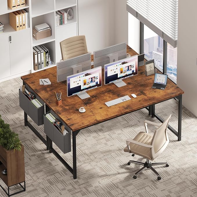 OLIXIS 63 Inch Computer Desk for Home Office, Writing Study Craft Gaming Table, Modern Computer Workstation with Storage Bag and Headphone Hook for Bedroom Small Spaces, Rustic Brown