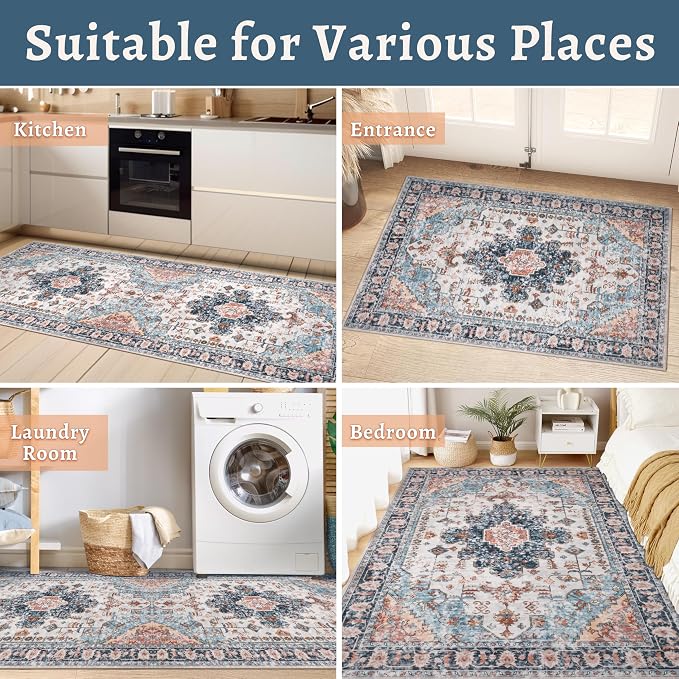 Tangsoo Hallway Runner Rugs 2.6x12 Washable Runner Rug for Hallways, Non Slip Vintage Soft Low Pile Long Rugs Runner, Oriental Carpet Runners for Kitchen Bedroom Entryway Living Room Blue/Orange