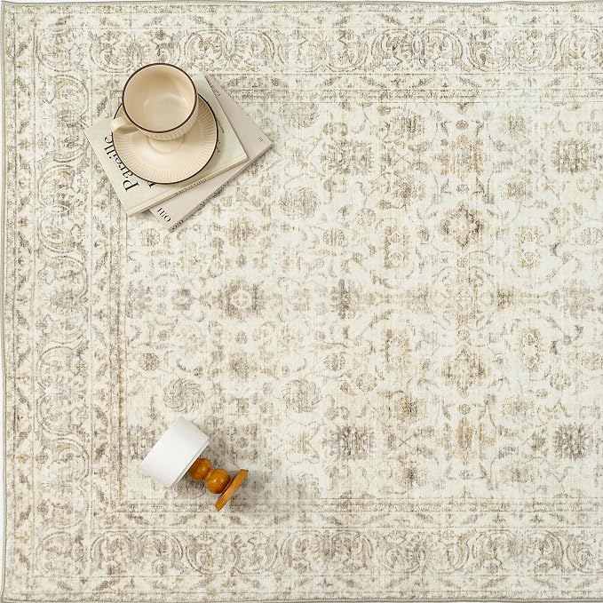 PureCozy 5x7 Area Rug Washable Beige Vintage Living Room Bedroom Distressed Non Slip Carpet Indoor Low Plie Thin Dining Room Office Retro Accent Throw Rug