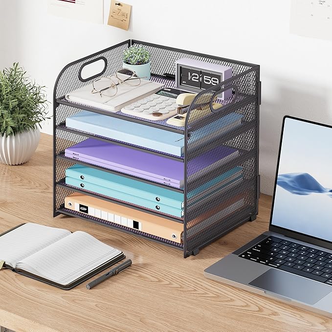 Cawukege 5 Tier Paper Organizer with Handle, Grey Metal Mesh Desk Organizer File Folder Paper Letter Tray Desktop Document Sorter for Classroom, School, Office Accessories Organization and Storage