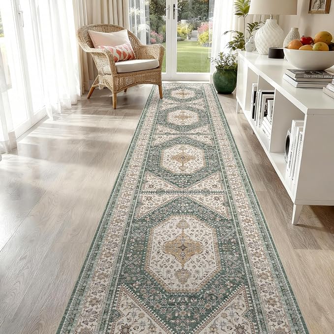 2x10 Runner Rug for Hallway Washable: Non Slip Kitchen Rugs with Rubber Backing Soft Waterproof Wide Mats Stain Resistant Low Pile Carpet for Entryway Bedroom Bathroom Laundry Home Decor Green/Beige