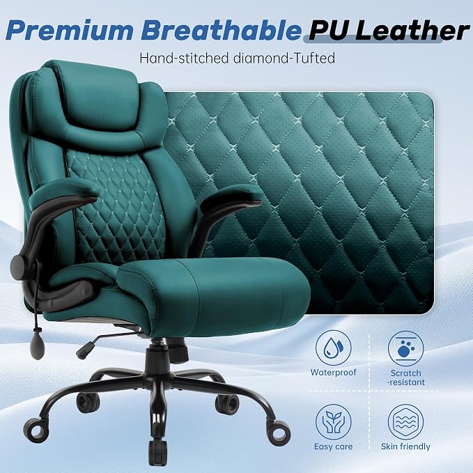 550LBS Big and Tall Office Chair, Comfy Heavy Duty Executive Chair with Adjustable Lumbar Support Double Spaces Casters, Fabric Extra Wide Seat Ergonomic Computer Desk Chair for Back Pain,Green