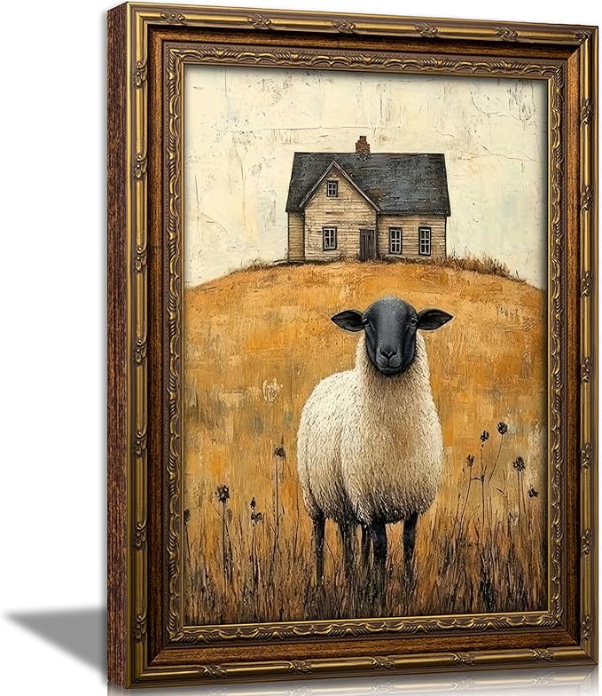 Vintage Gold Framed Wall Art Retro Country Sheep Oil Painting Canvas Prints Farmhouse Landscape Picture Wall Decor Rustic Farmhouse Animal Poster Artwork for Living Room Bedroom Bathroom, 9x11in