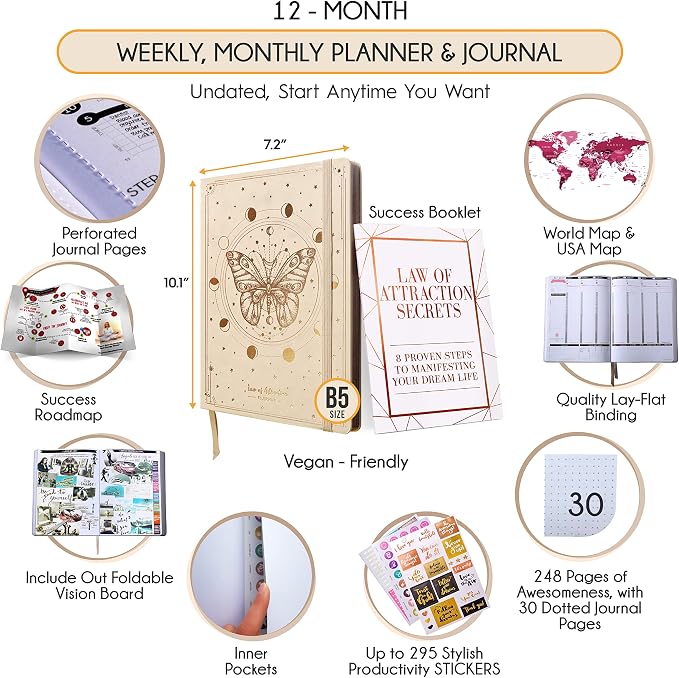 Deluxe Weekly and Monthly Planner | Law of Attraction Planner with Productivity App | 12-Month for Productivity, Gratitude & Goal Setting | Includes Foldable Vision Board, Gift Box & Stickers