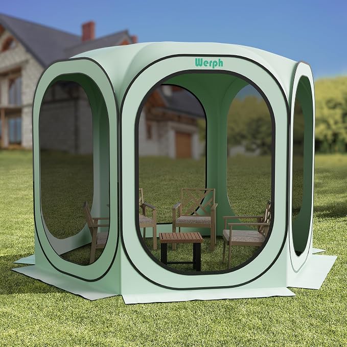 Werph 10x10 Pop Up Screen Tent, Mosquito Net Gazebo, UV Resistant, Green | Roof Waterproof Screen Canopy, Quick Setup Outdoor Shelter for Backyard, Patio, Garden, Picnic, Camping and Events