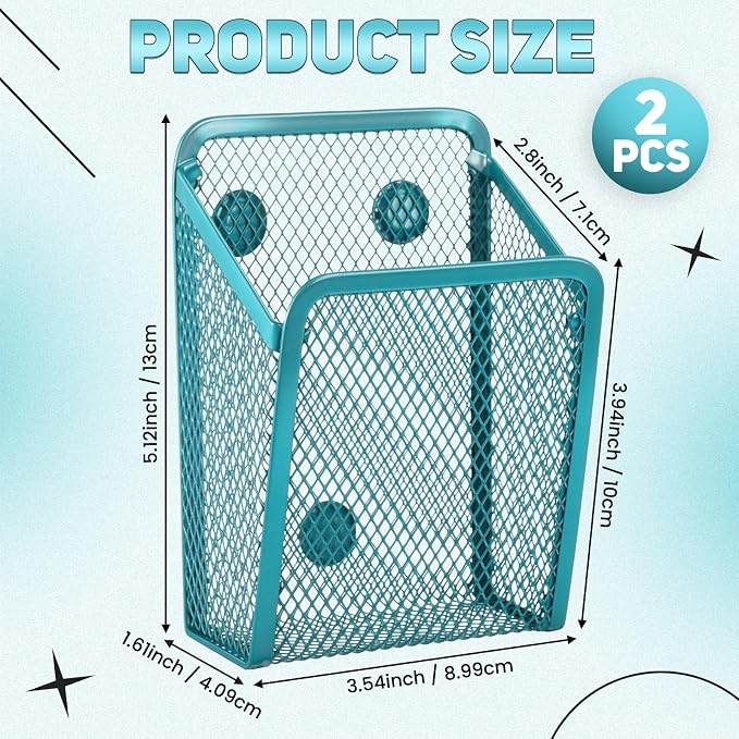 Fuutreo 2 Pcs Large Magnetic Pencil Holder Mesh Stainless Steel Pen Basket Magnetic Pen Cups Storage Organizer for Fridge Whiteboard Blackboard Kitchen Refrigerator Locker Home Office School(Blue)